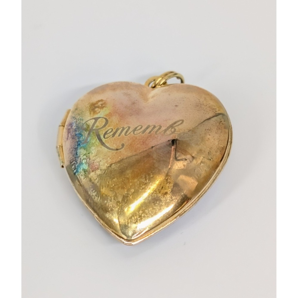 Vintage Heart Locket Remember Engraved Rainbow‎ Patina Victorian Revival READ